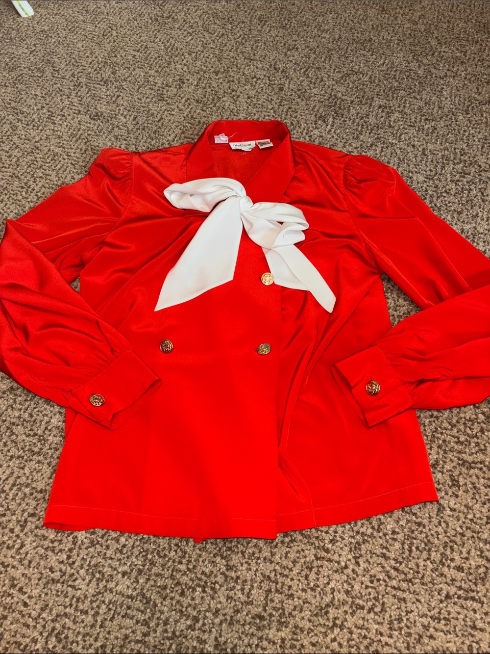 Vintage Oleg Cassini Red Double-Breasted Blouse with White Bow 10